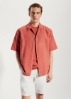 Mango Camisa algodón-lino cuello bowling - Rojo coral