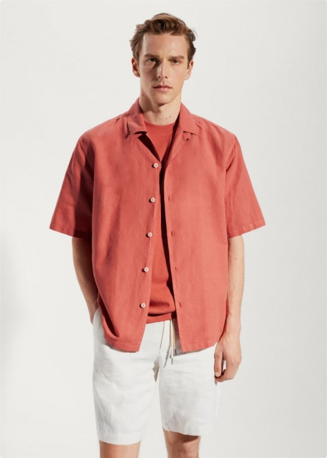 Mango Camisa algodón-lino cuello bowling - Rojo coral