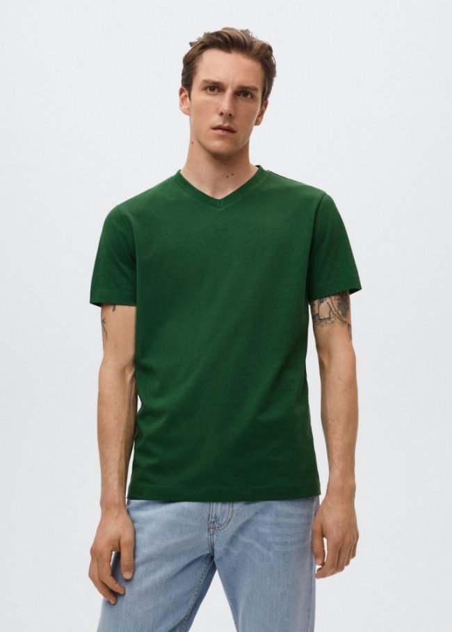 Mango Camiseta básica cuello pico - Verde