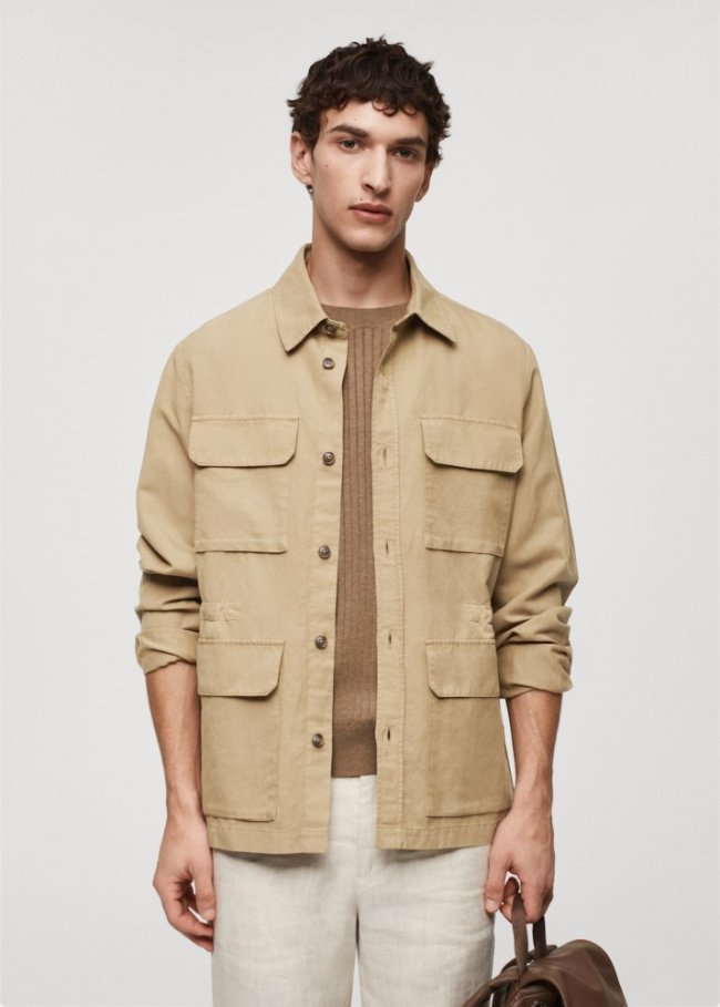 Mango Sobrecamisa lino bolsillos - Marrón medio