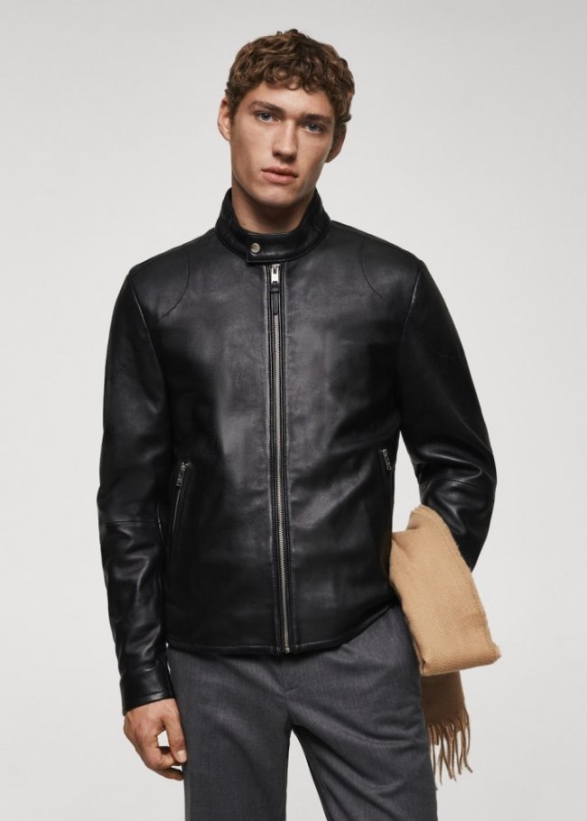 Mango Cazadora biker piel cremallera - Negro
