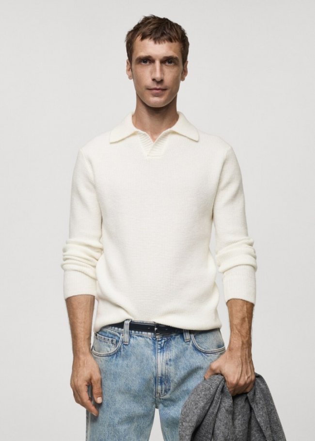 Mango Jersey polo punto estructura cuadrillé - Blanco roto