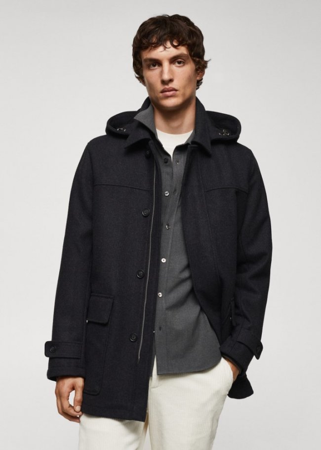 Mango Abrigo lana capucha desmontable - Gris antracita
