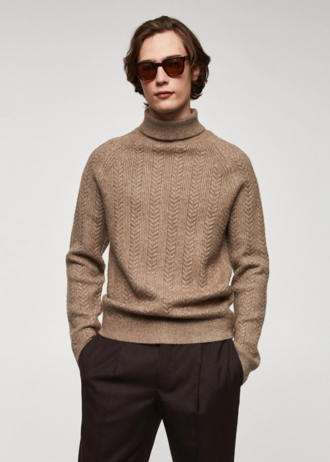 Mango Jersey trenzado cuello vuelto - Gris visón