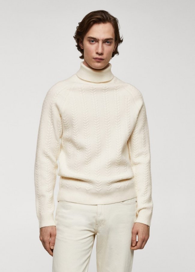 Mango Jersey trenzado cuello vuelto - Blanco roto