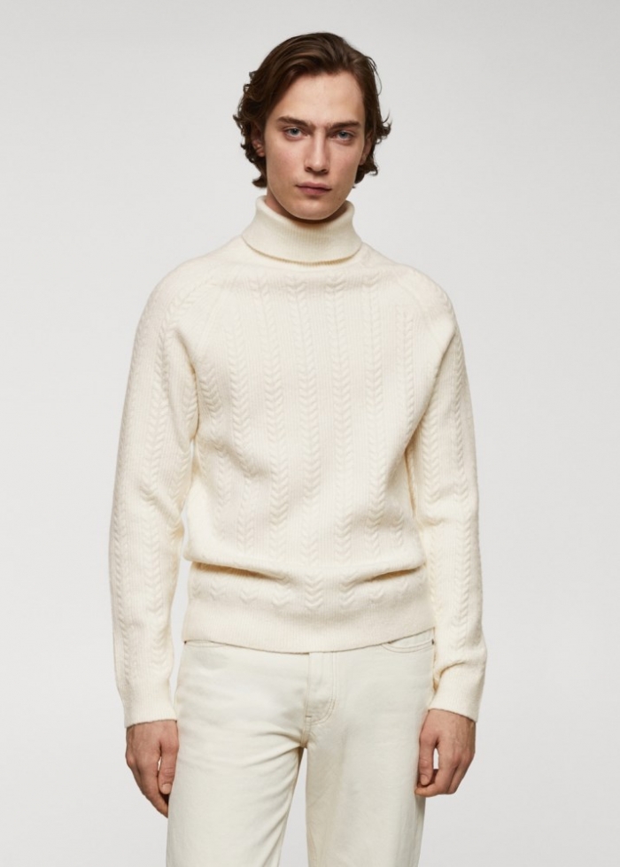 Mango Jersey trenzado cuello vuelto - Blanco roto