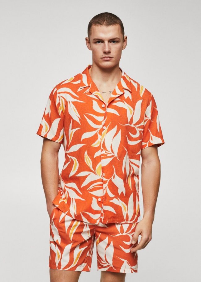 Mango Camisa algodón estampado hawaiano - Naranja