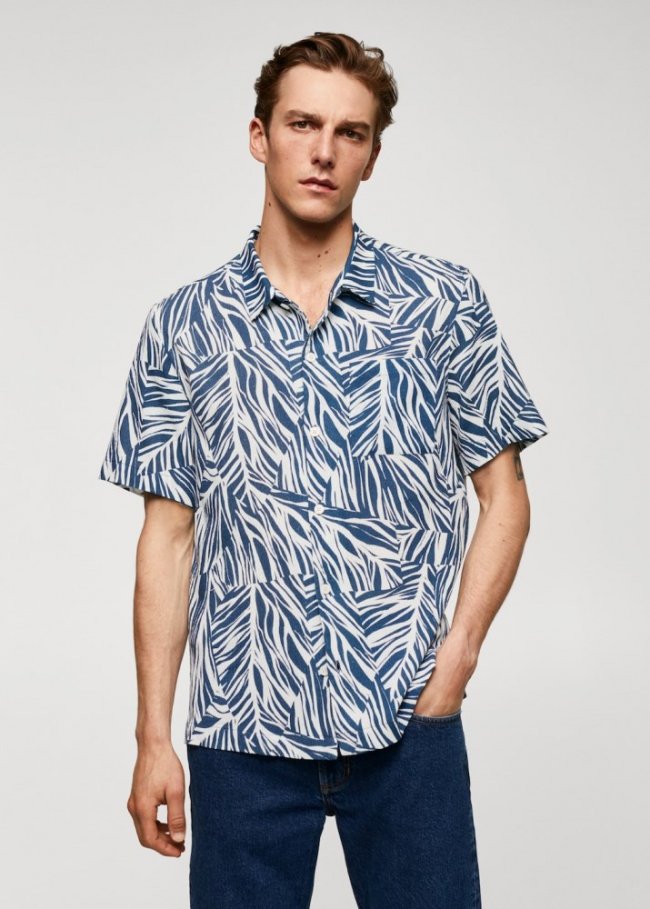 Mango Camisa algodón estampado hawaiano - Azul