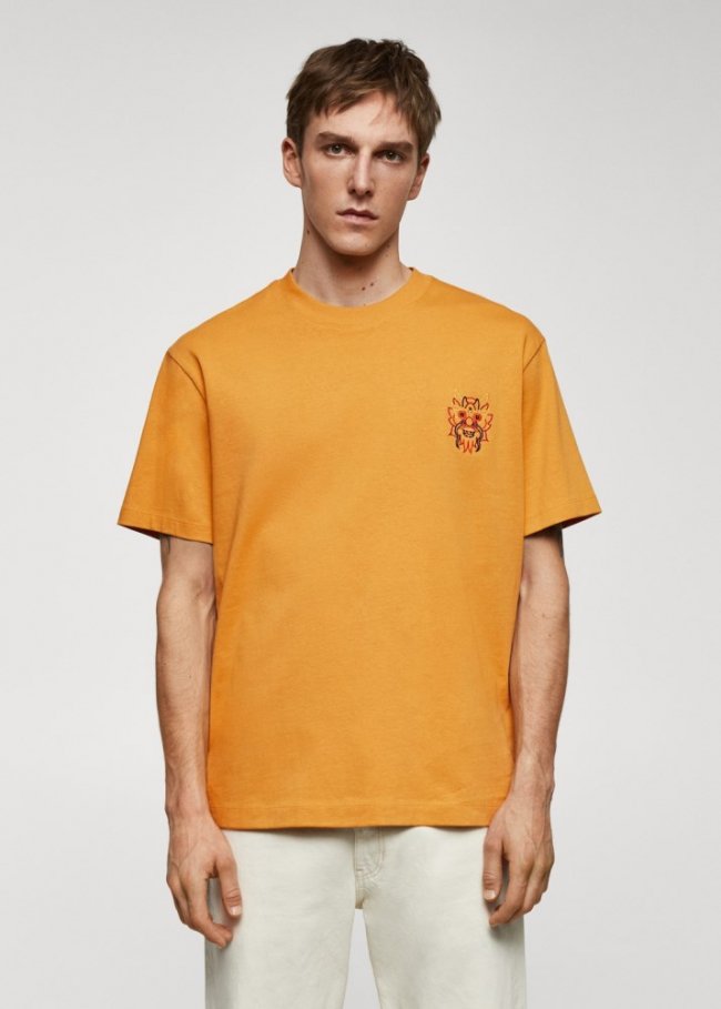 Mango Camiseta 100% algodón estampado pecho - Mostaza