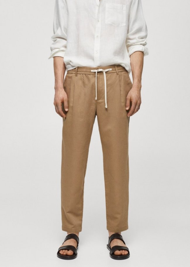 Mango Pantalón slim fit lino cordón - Marrón tabaco