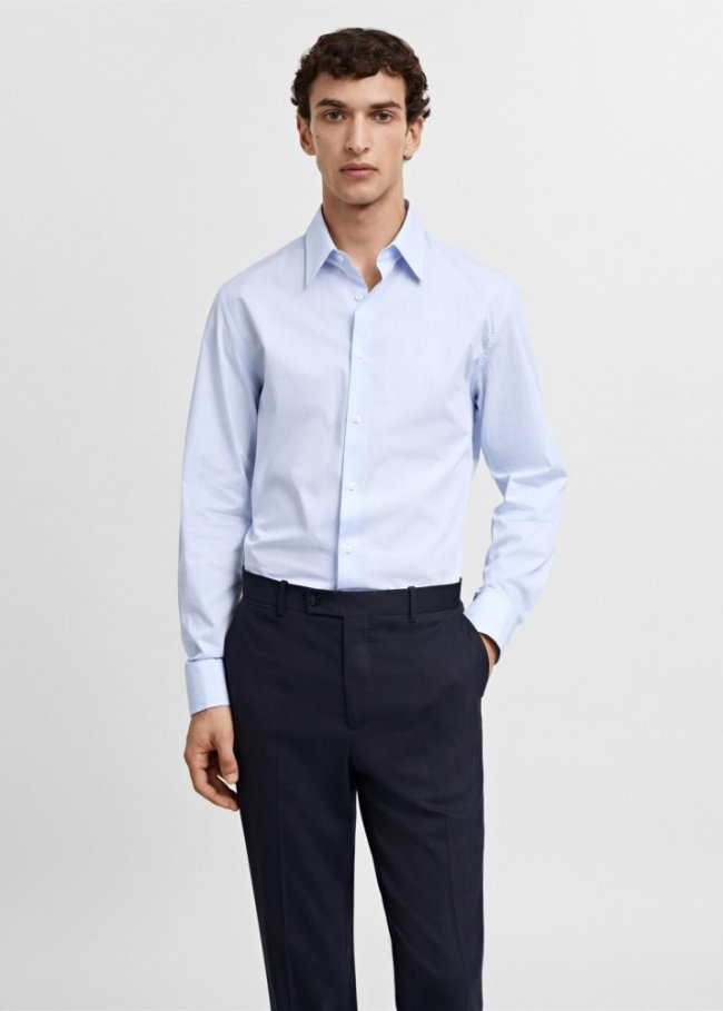 Mango Camisa traje regular fit algodón rayas - Azul celeste