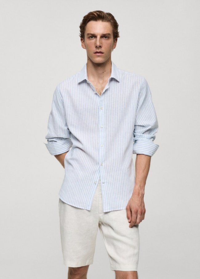 Mango Camisa regular fit lino algodón rayas - Blanco