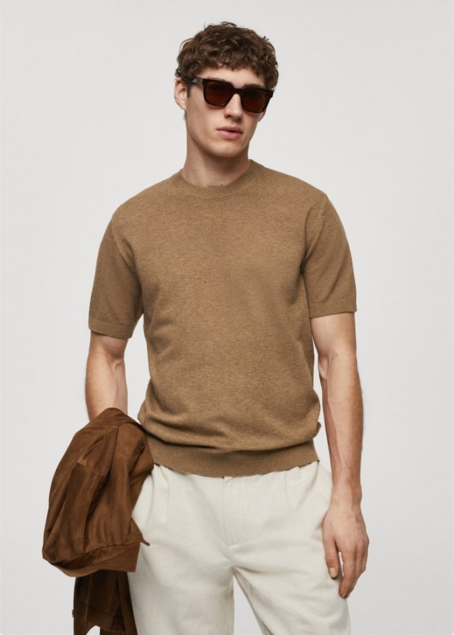Mango Camiseta punto algodón estructura - Marrón medio