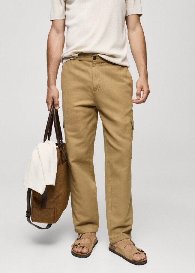 Mango Pantalón algodón lino cargo - Marrón medio
