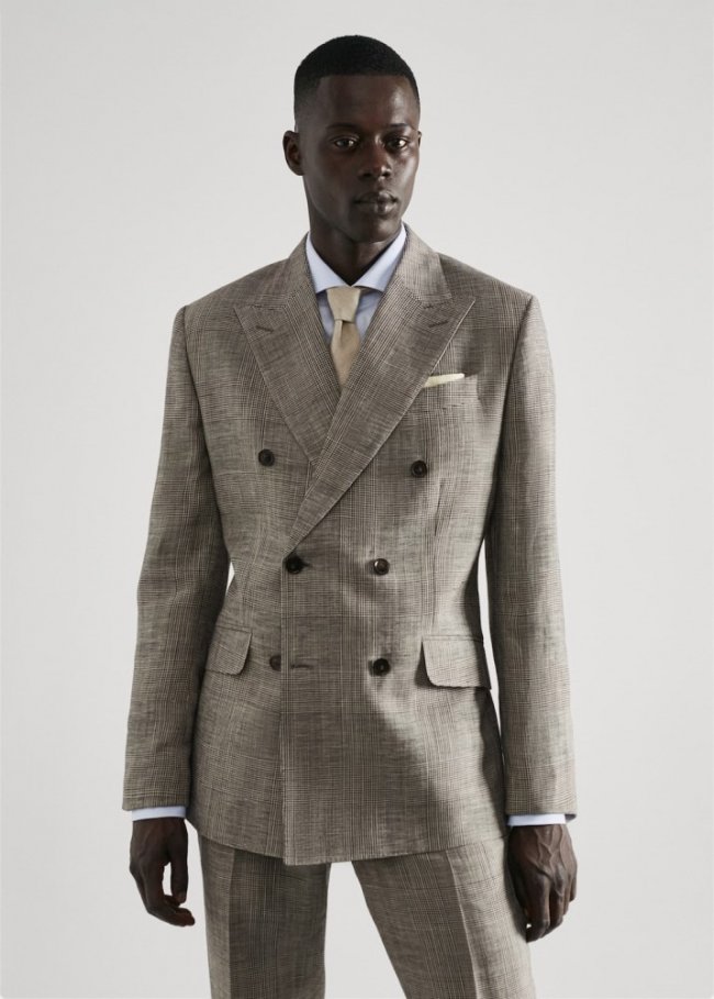 Mango Americana traje lino cuadro - Beige