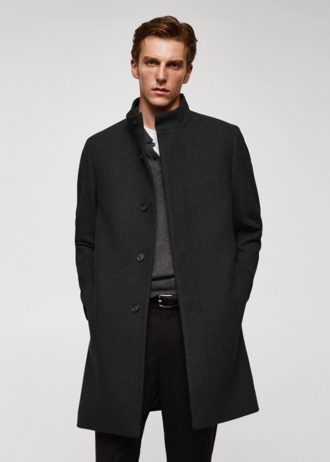 Mango Abrigo lana cuello chimenea - Gris