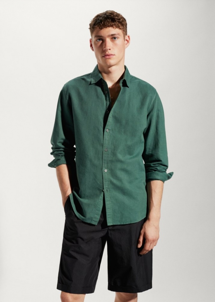 Mango Camisa regular fit lino algodón - Verde