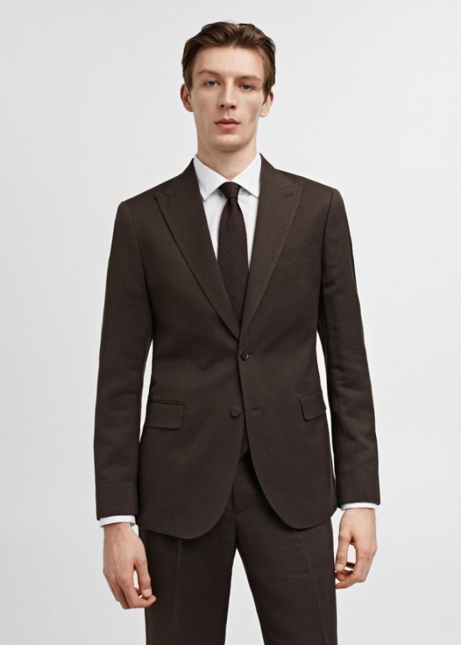 Mango Americana traje slim fit algodón lino - Marrón