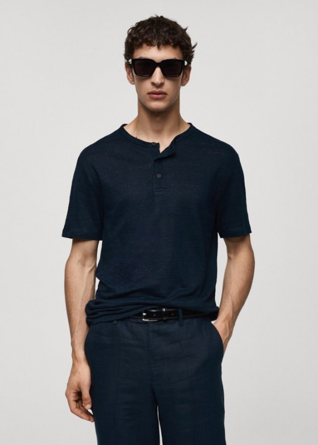 Mango Camiseta slim fit 100% lino - Azul marino oscuro