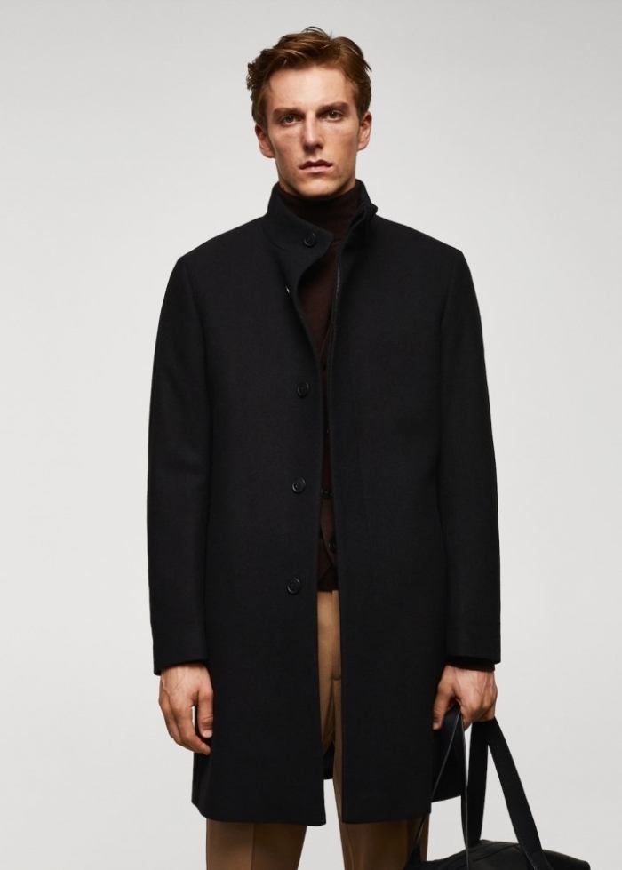 Mango Abrigo lana cuello chimenea - Negro