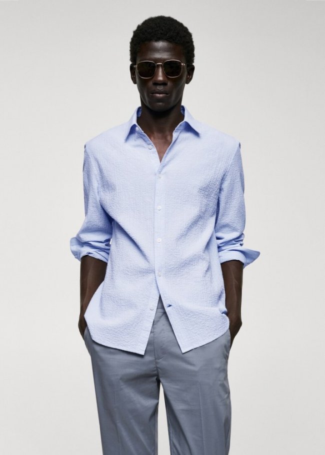 Mango Camisa algodón seersucker mil rayas - Azul celeste