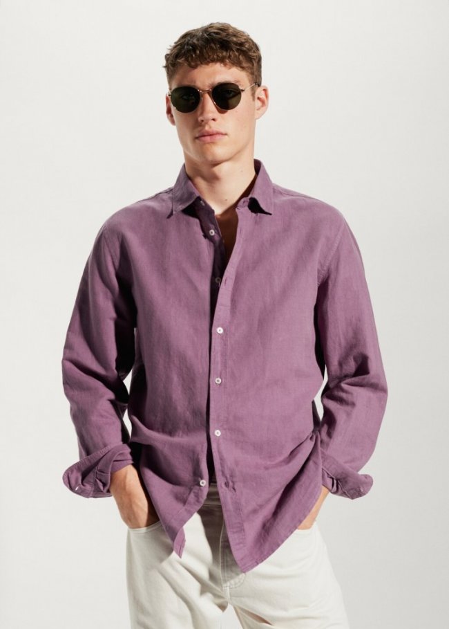 Mango Camisa regular fit lino algodón - Ciruela