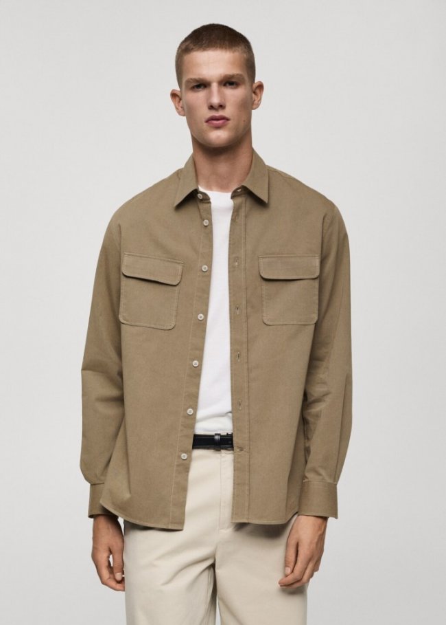 Mango Sobrecamisa twill algodón bolsillos - Marrón tabaco