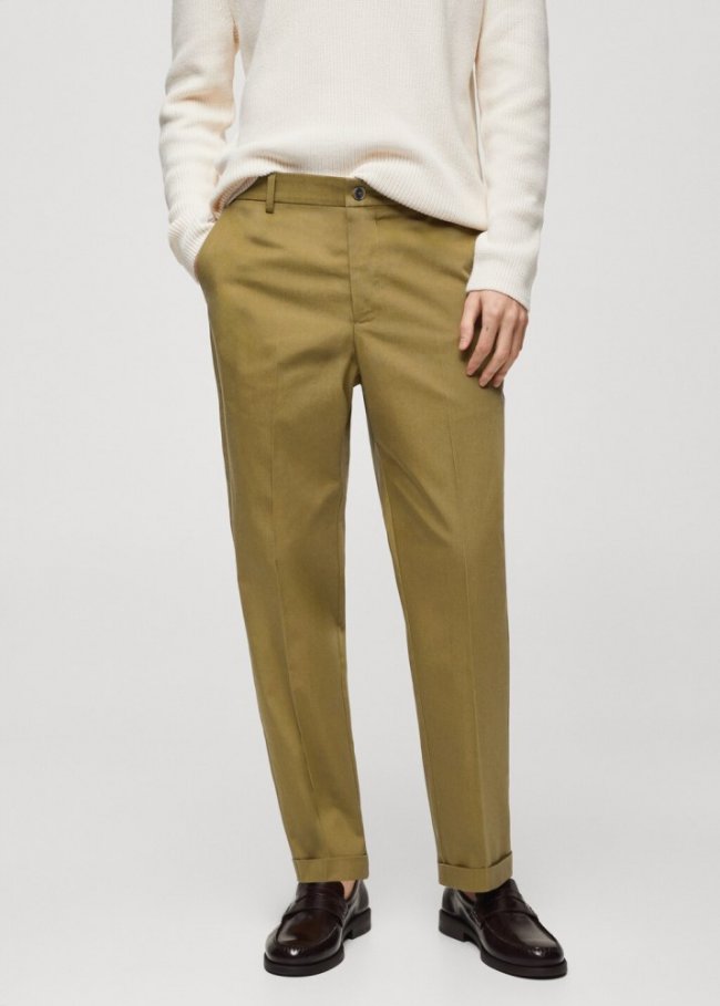 Mango Pantalón algodón straight fit vuelta - Oliva
