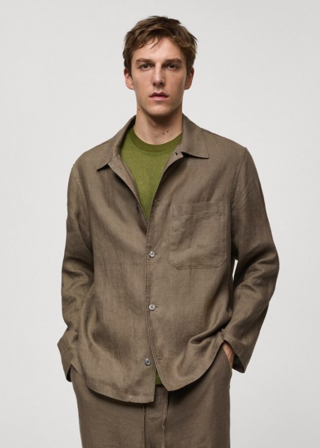 Mango Sobrecamisa regular fit 100% lino - Khaki