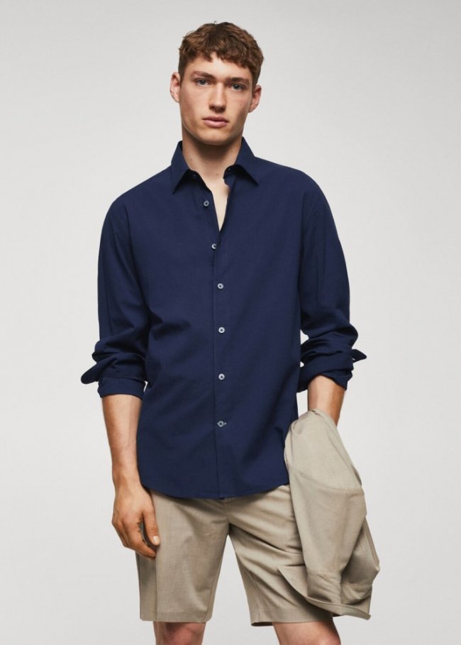 Mango Camisa slim fit algodón seersucker - Azul indigo