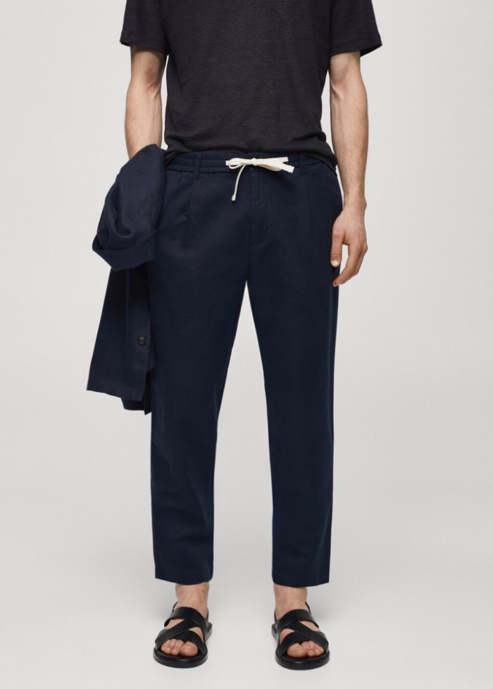 Mango Pantalón slim fit lino cordón - Azul marino oscuro