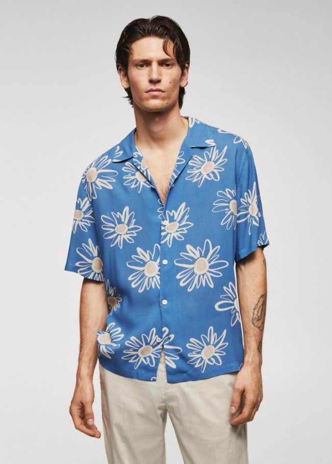 Mango Camisa cuello bowling estampado flor - Azul