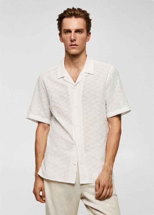 Mango Camisa cuello bowling bordados - Blanco