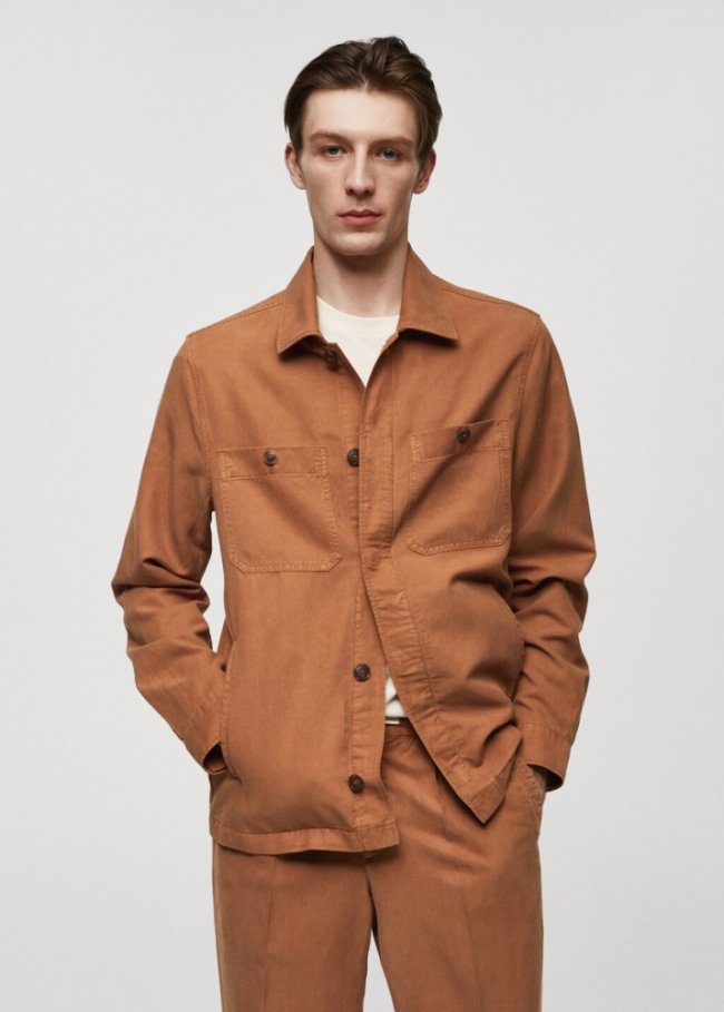 Mango Sobrecamisa slim fit tencel lino - Naranja tostado