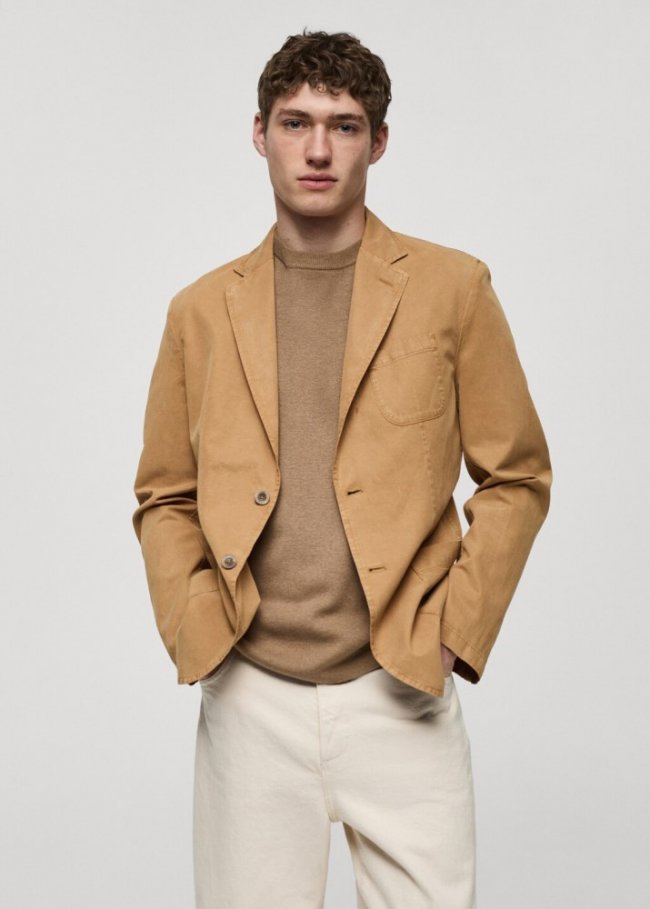 Mango Americana slim fit lino algodón - Marrón