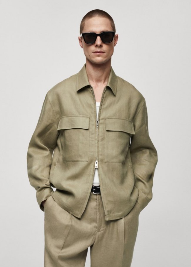 Mango Sobrecamisa 100% lino bolsillos - Khaki