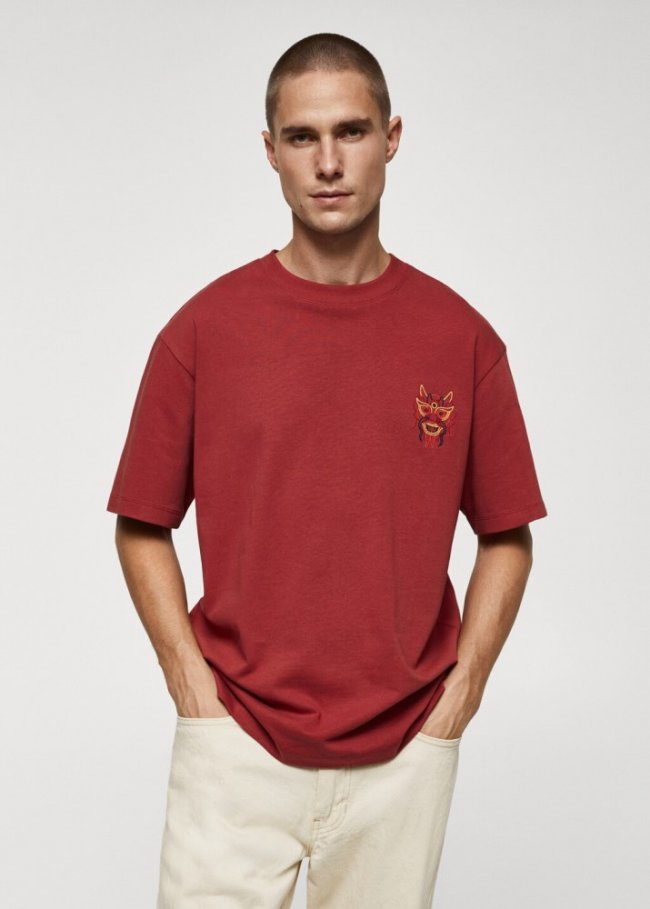 Mango Camiseta 100% algodón estampado pecho - Rojo