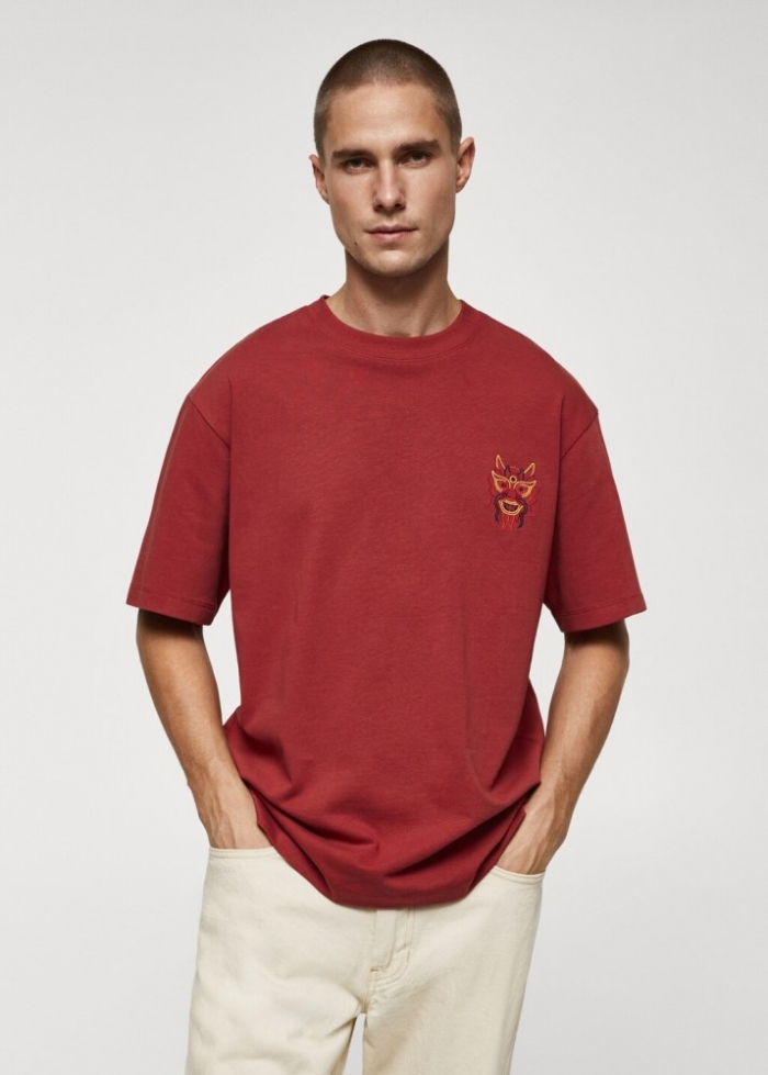 Mango Camiseta 100% algodón estampado pecho - Rojo