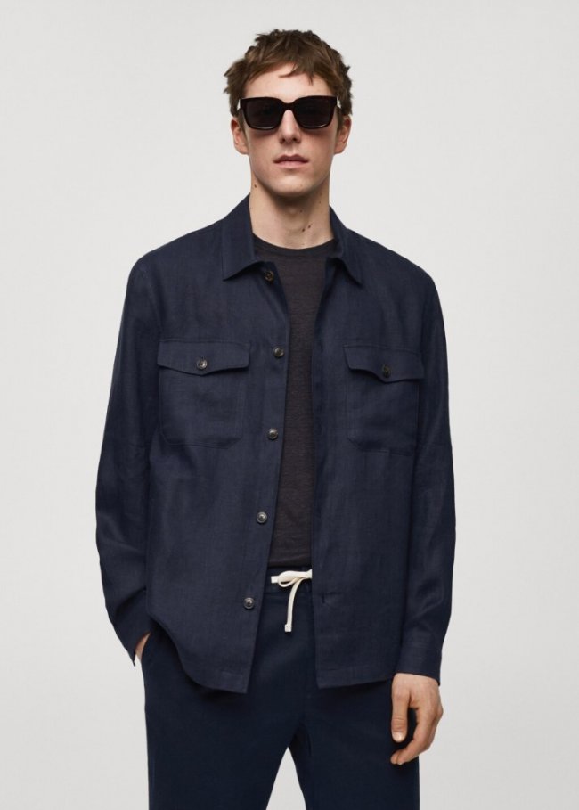 Mango Sobrecamisa 100% lino bolsillos - Azul marino oscuro