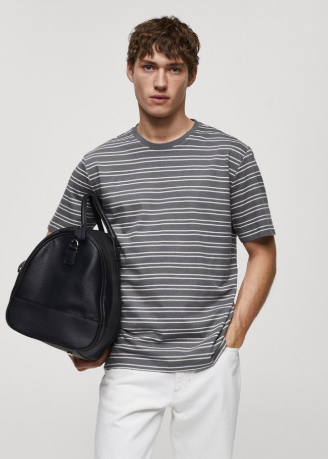 Mango Camiseta algodón lino rayas - Azul petróleo