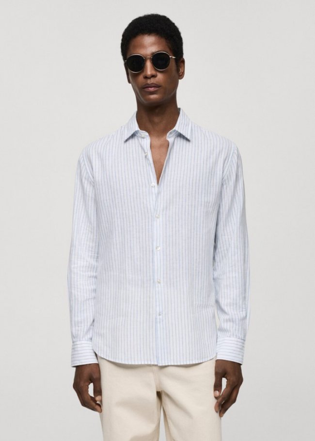Mango Camisa regular fit lino rayas - Blanco