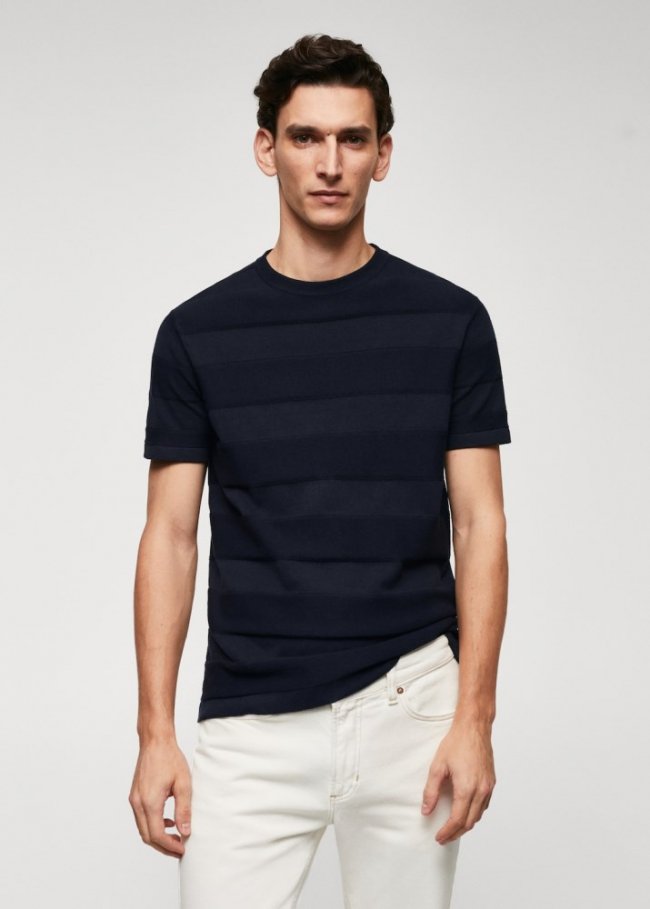 Mango Camiseta punto algodón estructura rayas - Azul marino