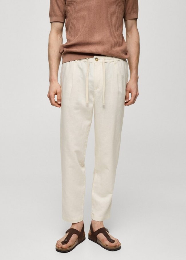 Mango Pantalón slim fit lino cordón - Blanco roto