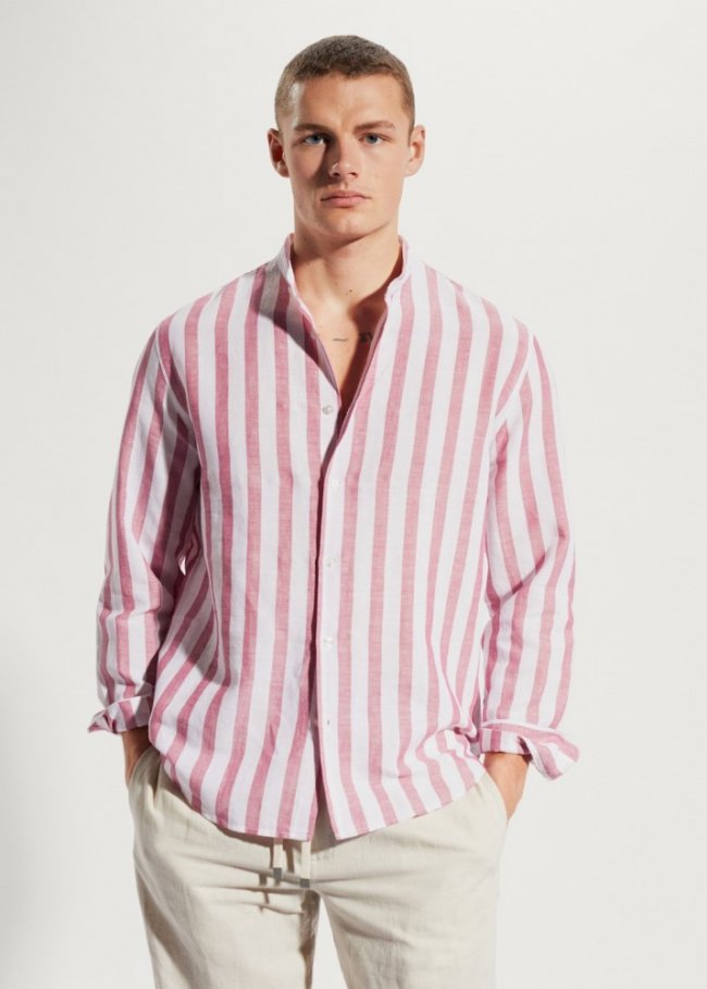 Mango Camisa regular fit lino rayas - Ciruela