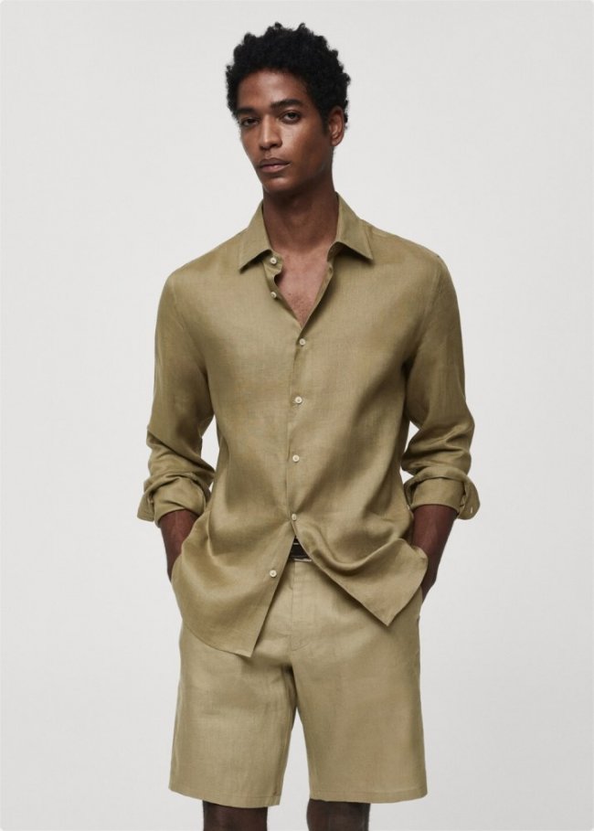 Mango Camisa regular fit 100% lino - Khaki