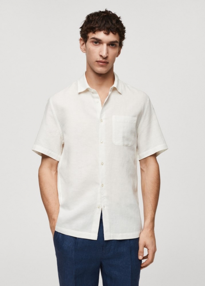 Mango Camisa regular fit lino bolsillo - Blanco