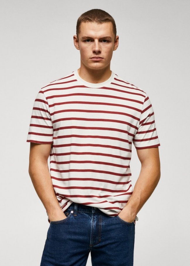 Mango Camiseta punto algodón modal rayas - Rojo
