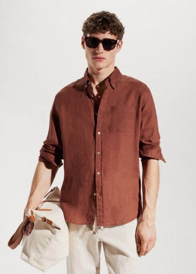 Mango Camisa slim fit 100% lino - Burdeos