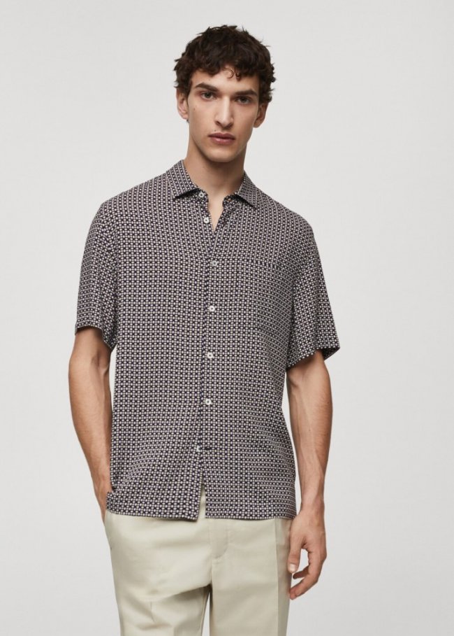Mango Camisa manga corta regular fit estampado - Azul marino oscuro