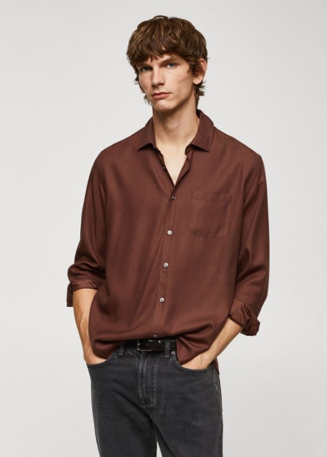 Mango Camisa 100% tencel bolsillo - Granate